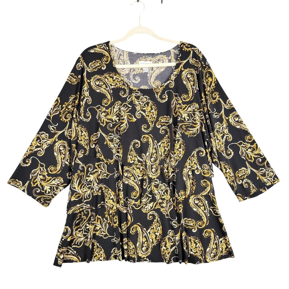 SUSAN GRAVER Black Paisley Tiered Ruffle Liquid Knit Slinky Top SIZE 3X PETITE